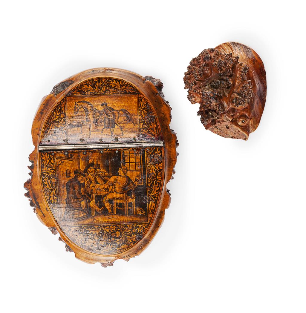 Appraisal: A LARGE BURR-WOOD AND PENWORK SNUFF MULL TH CENTURY with