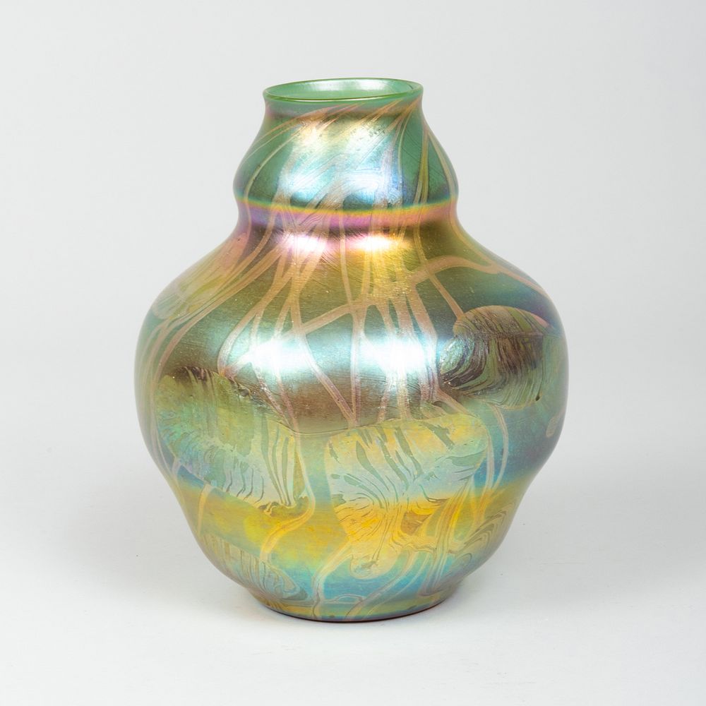 Appraisal: Art Nouveau Double Gourd Iridescent Glass Vase Etched on base