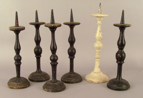 Appraisal: Six turned and painted wooden pricket sticks ca h