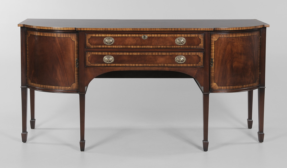 Appraisal: Hepplewhite Style Inlaid Mahogany Sideboard British modern mahogany veneers with