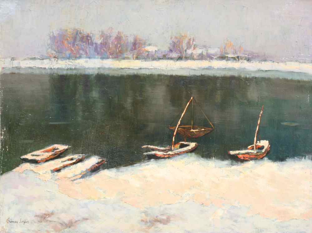 Appraisal: GIMES Lajos Hungarian - Winter Lakeside Scene with Boats OIL