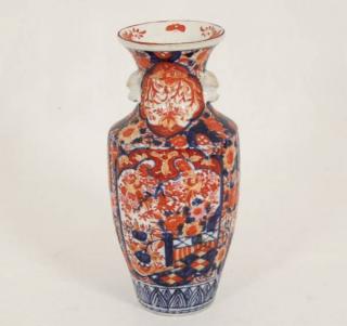 Appraisal: RIBBED IMARI MEIJI PERIOD VASE WITH MASK HANDLES H