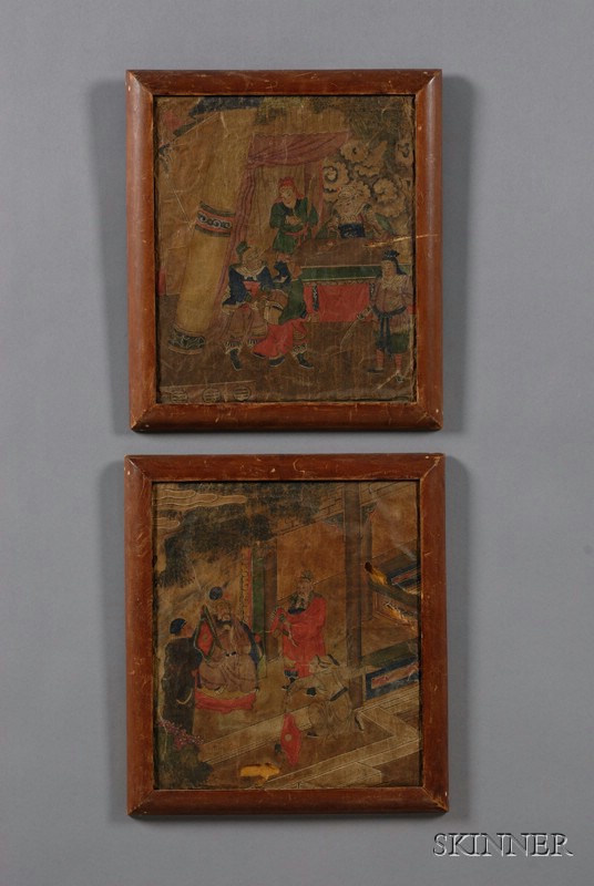 Appraisal: Two Framed Chinese Painting Fragments th century scene of warriors