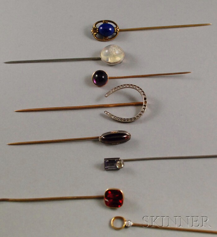 Appraisal: Eight Stone-set Stickpins including synthetic ruby synthetic sapphire amethyst and