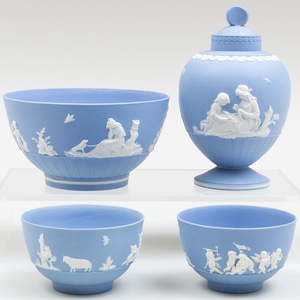 Appraisal: Group of Wedgwood Blue Jasperware Tea Wares Impressed marks sprigged