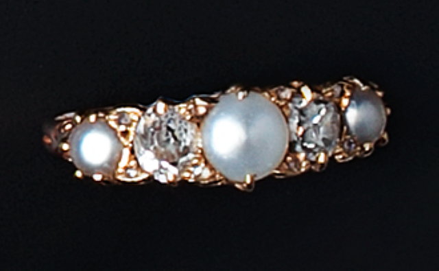 Appraisal: A HALF PEARL AND DIAMOND FIVE STONE RING the scroll