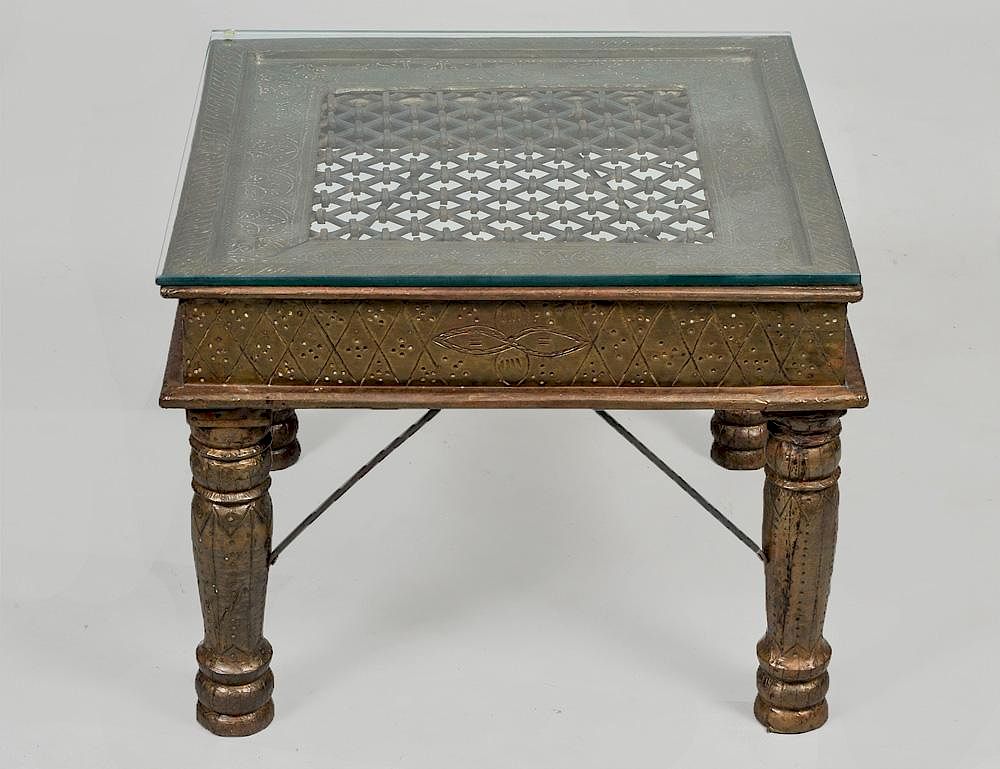 Appraisal: BRASS CLAD OCCASIONAL SIDE TABLE Southeast Asian The top with