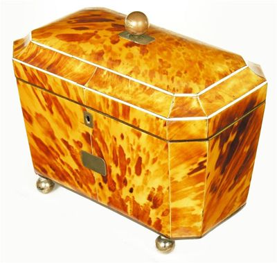 Appraisal: A Regency blonde tortoiseshell tea caddy of sarcophagus shape with