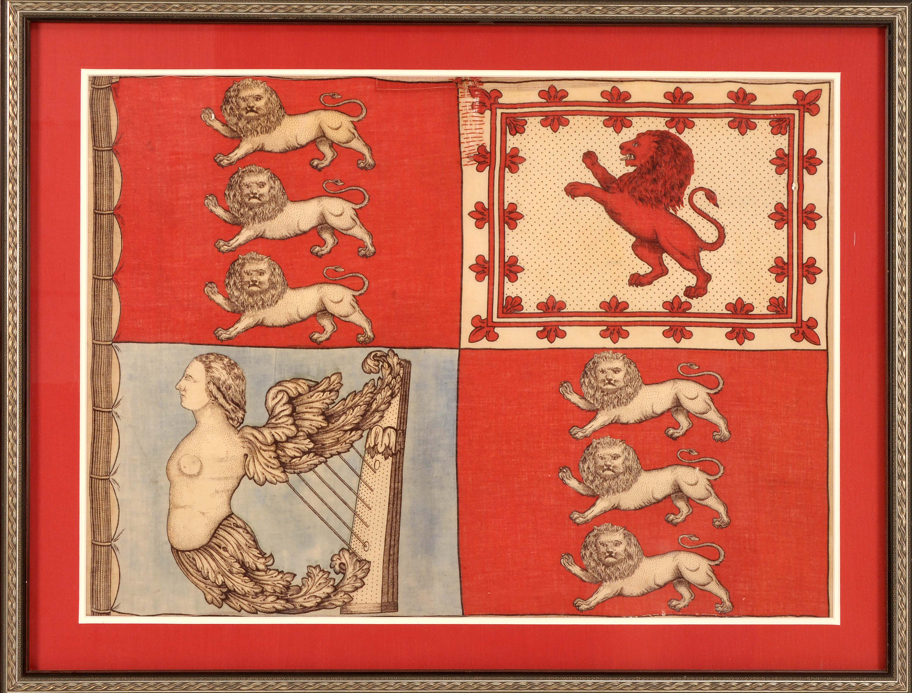 Appraisal: FRAMED PENNANT Four quadrants three featuring lions and one featuring