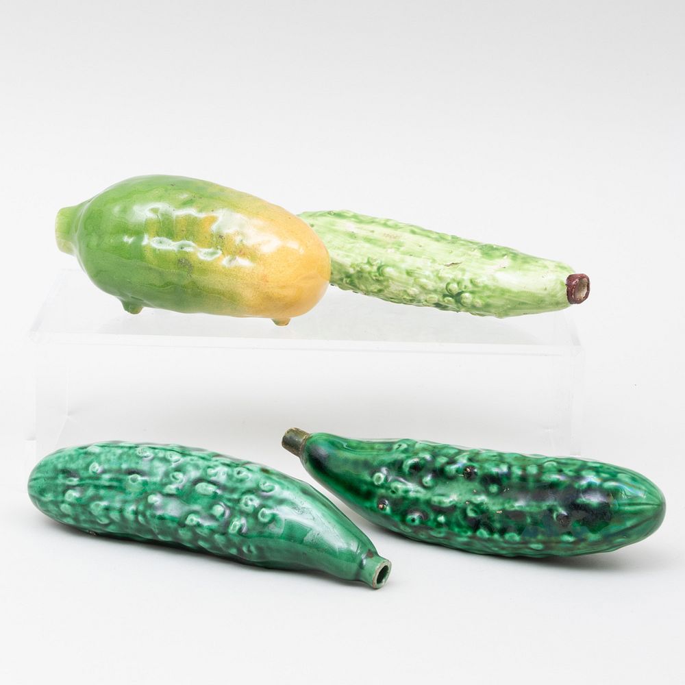 Appraisal: Group of Four Majolica Pickle Flasks The largest in long