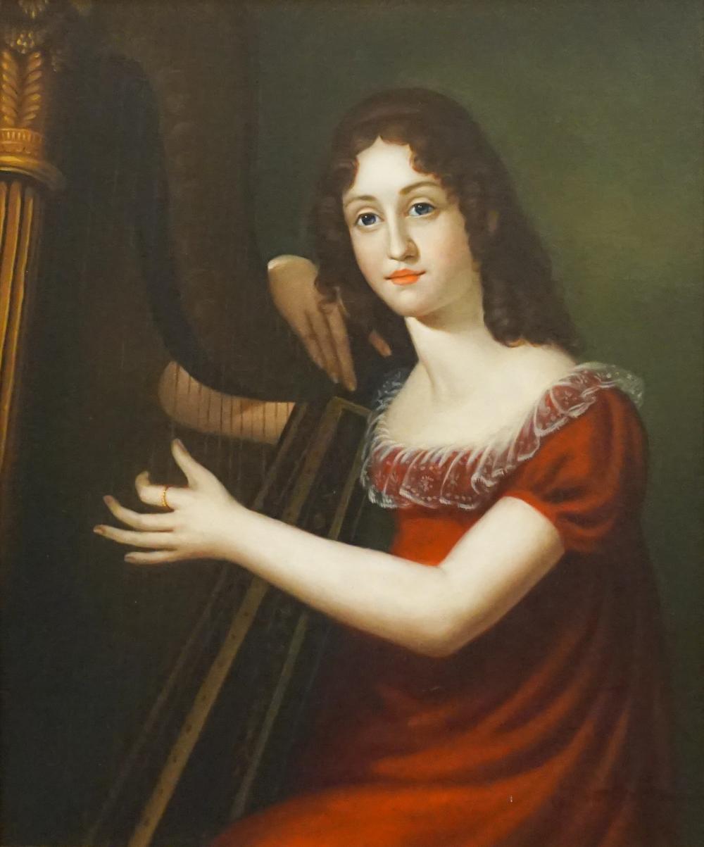 Appraisal: G Serrure Young Girl Playing the Harp Oil on Canvas