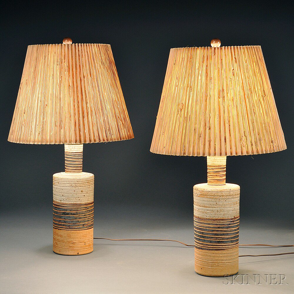 Appraisal: Pair of Mid-Century Modern Stoneware Lamps Pleated shade over single