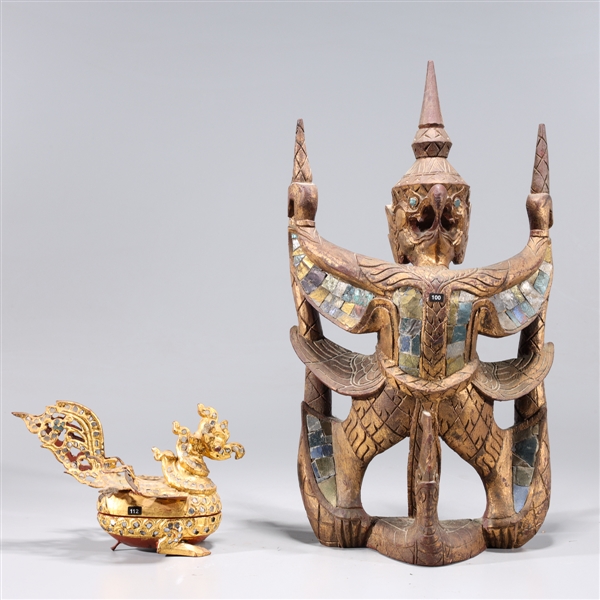 Appraisal: Two Thai gild wood carvings including open work bird and