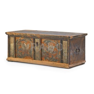 Appraisal: EUROPEAN PAINT DECORATED BLANKET CHEST Wrought iron handles th c