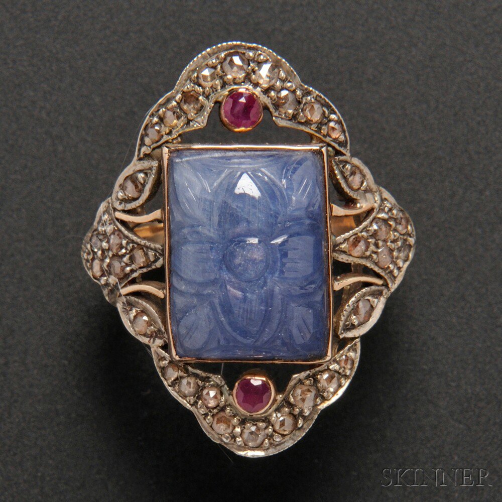 Appraisal: kt Gold Silver Carved Sapphire Diamond and Ruby Cocktail Ring