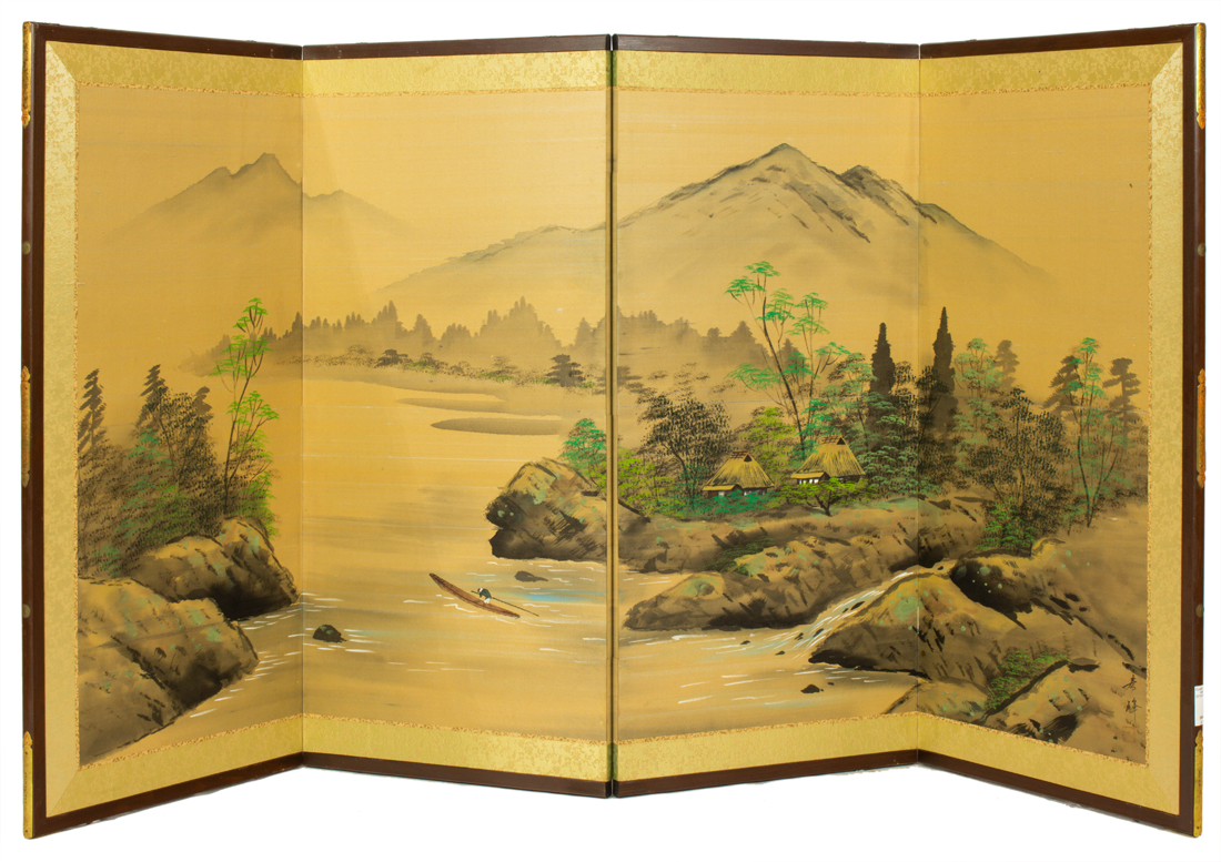 Appraisal: JAPANESE FOUR-PANEL SILK SCREEN Japanese four-panel silk screen ink and