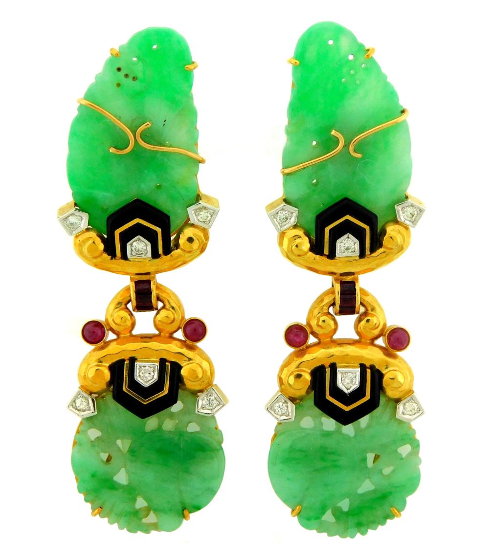 Appraisal: JEWELRY Pair of K Jadeite diamond and ruby earrings stamped