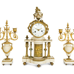 Appraisal: A French Gilt Bronze and Marble Three-Piece Clock Garniture BARANCOURT