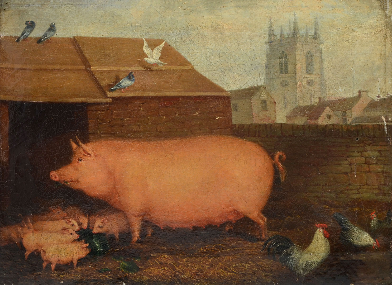 Appraisal: EARLY PAINTING OF A PIG STYE WITH CHICKENS A City