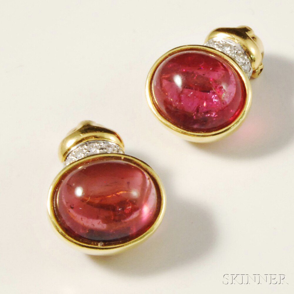 Appraisal: kt Gold Diamond and Pink Tourmaline Earclips pink tourmaline cabochons