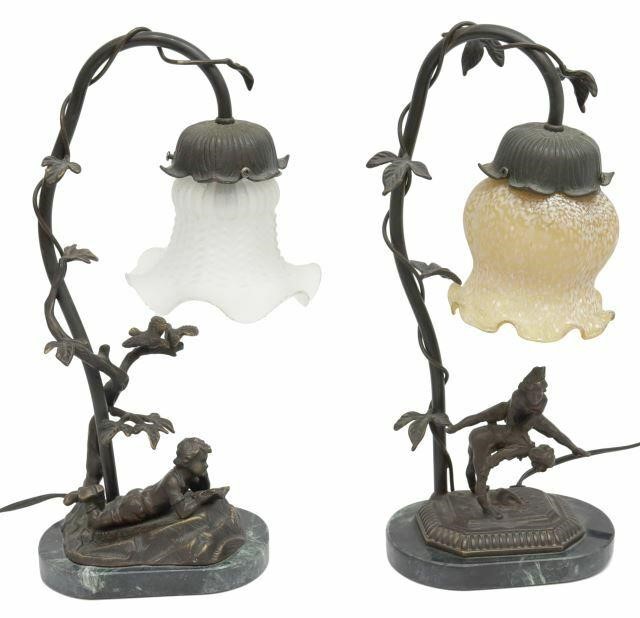 Appraisal: lot of Decorative gooseneck table lamps th c bronze-patina frame