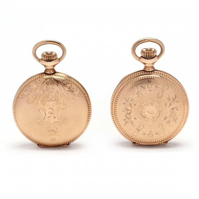 Appraisal: Two Antique Gold Lady's Hunter Case Pocket Watches Elgin The