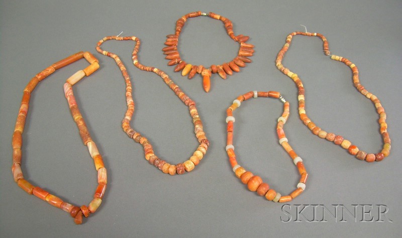 Appraisal: Five Strands of Pre-Columbian Carnelian Beads Columbia Tairona various sizes