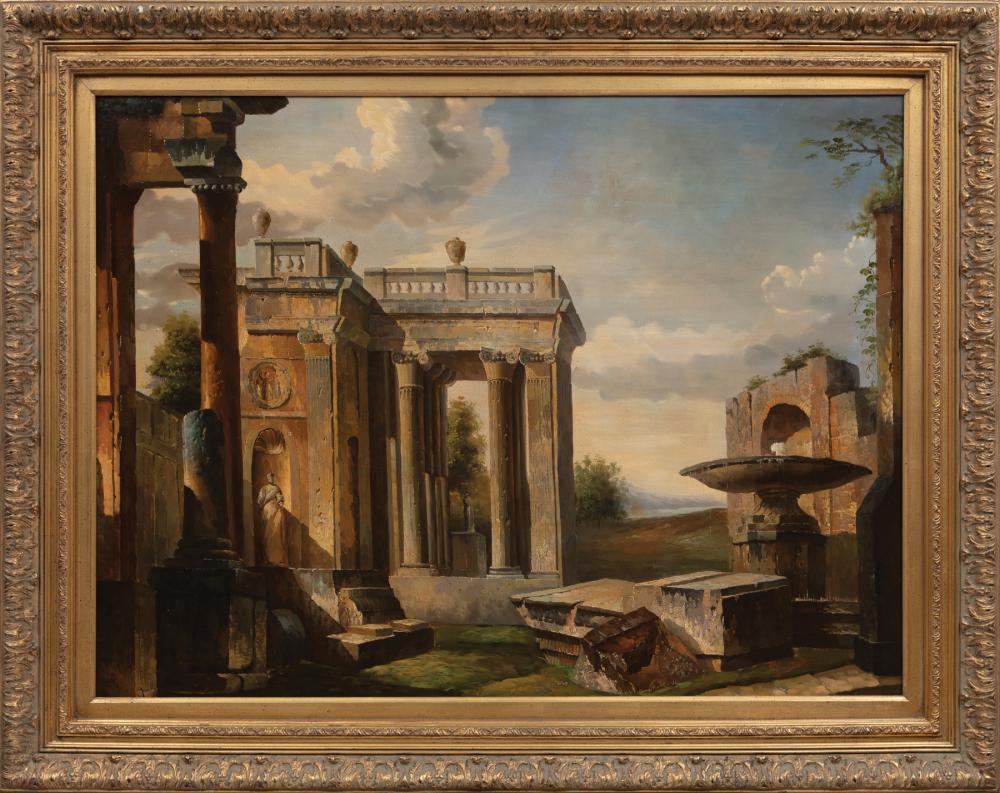 Appraisal: Continental School th c Roman Ruins oil-enhanced print on canvas