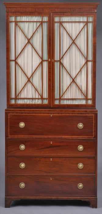 Appraisal: GEORGE III LINE-INLAID MAHOGANY SECRETAIRE BOOKCASE The upper part enclosed