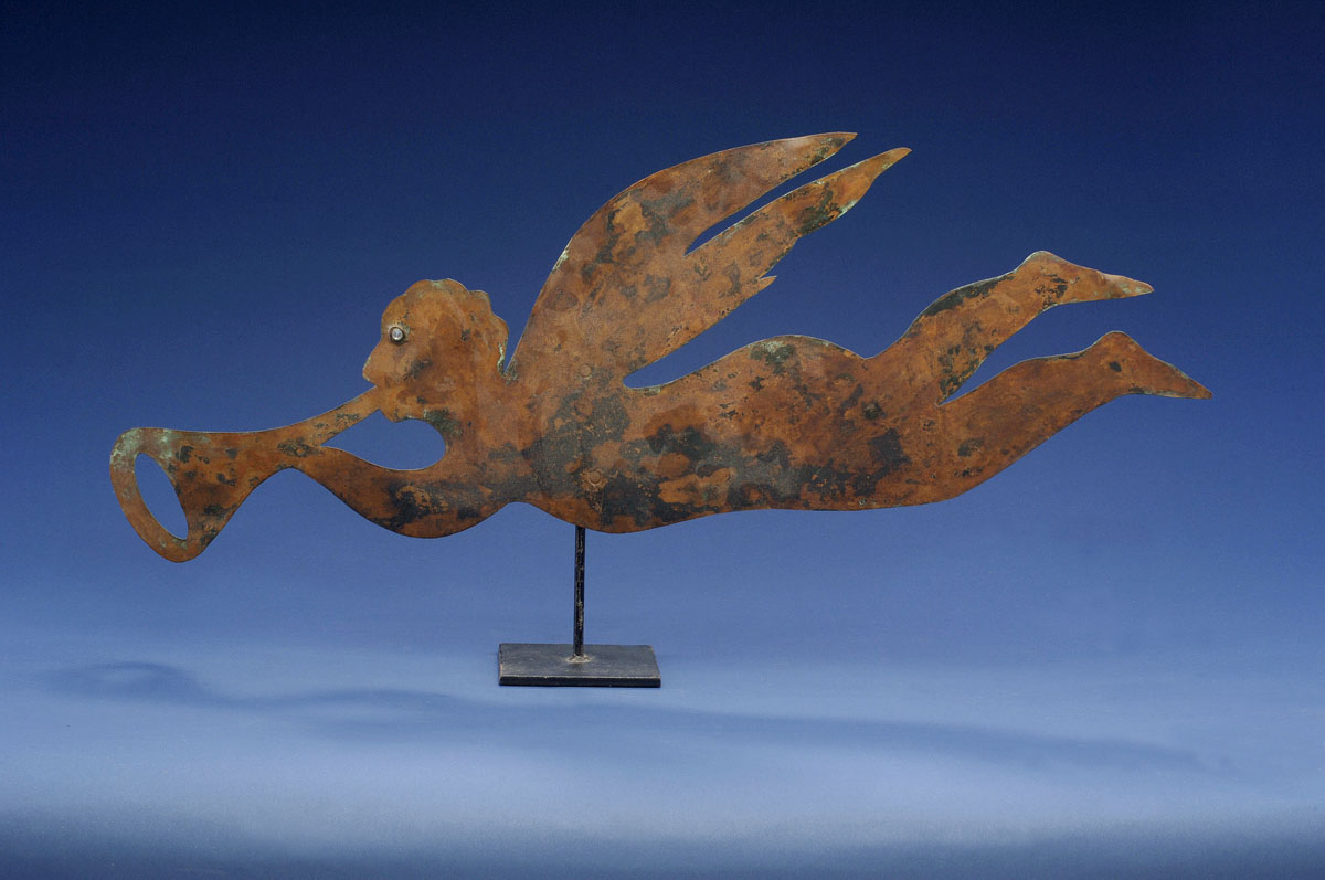 Appraisal: TRUMPETING GABRIEL SHEET-COPPER WEATHERVANE Fitted with inset faceted glass eye