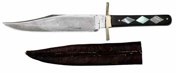 Appraisal: English Bowie Knife '' clipped-point blade with etched side panel