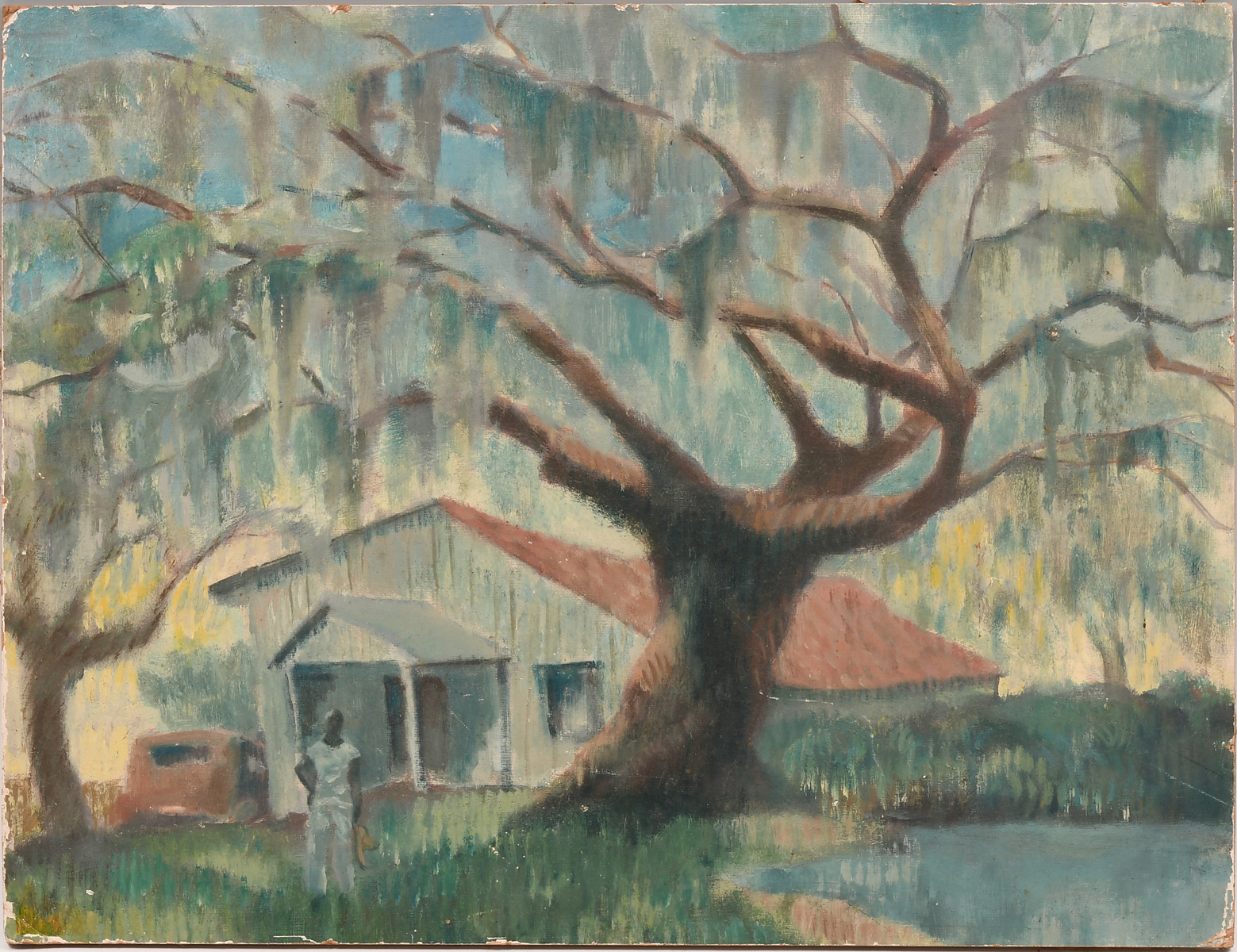 Appraisal: ILLEGIBLY SIGNED SOUTHERN SHACK PAINTING Scene Depicts an African-American Figure