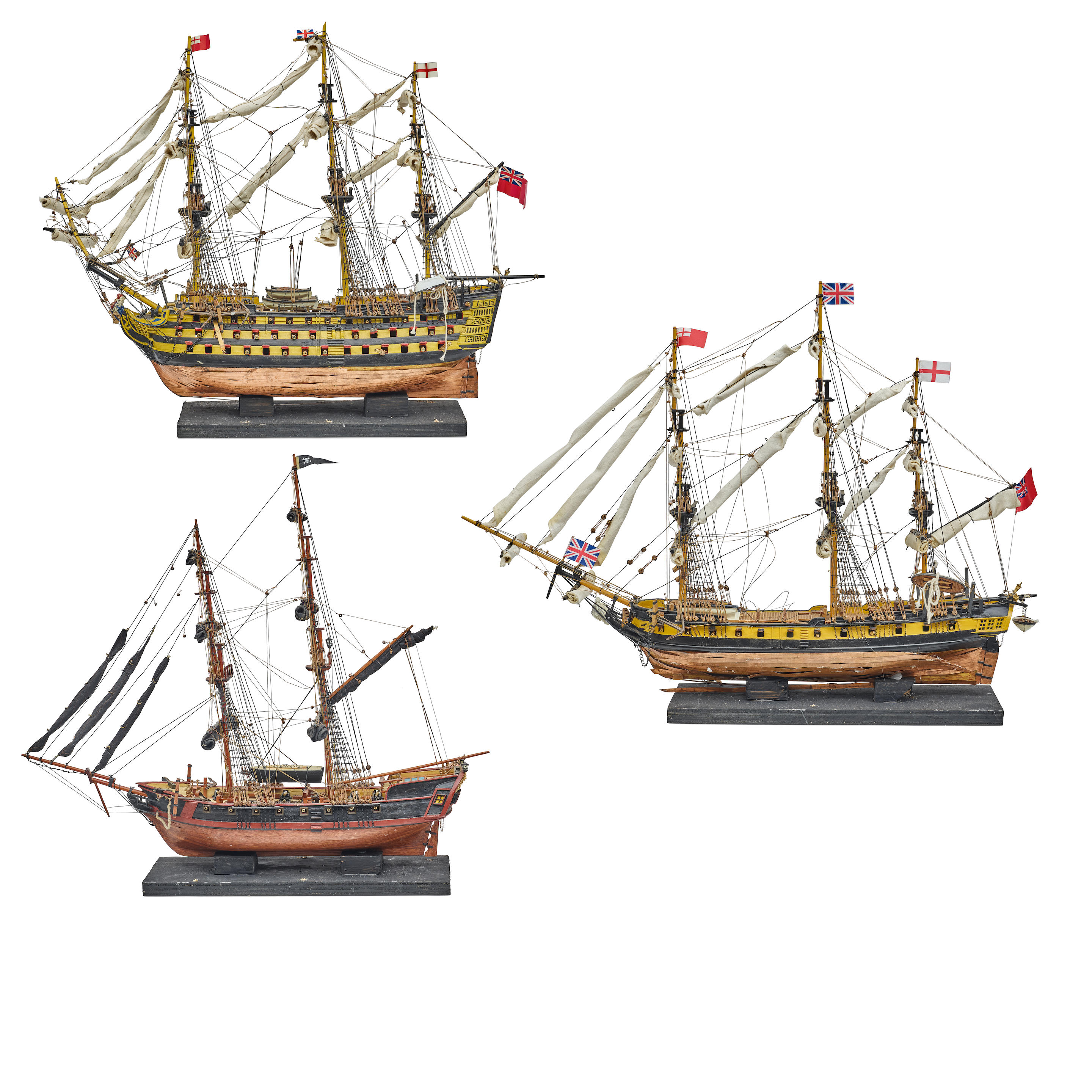 Appraisal: THREE PAINTED WOOD MODELS OF SHIPS Including the Victory height