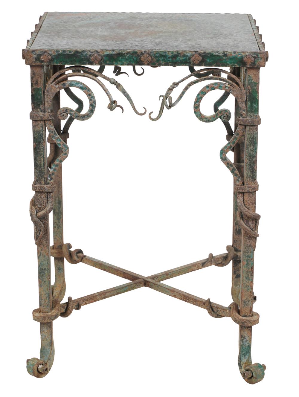 Appraisal: SPANISH STYLE PAINTED IRON SIDE TABLEwith hammered copper top and