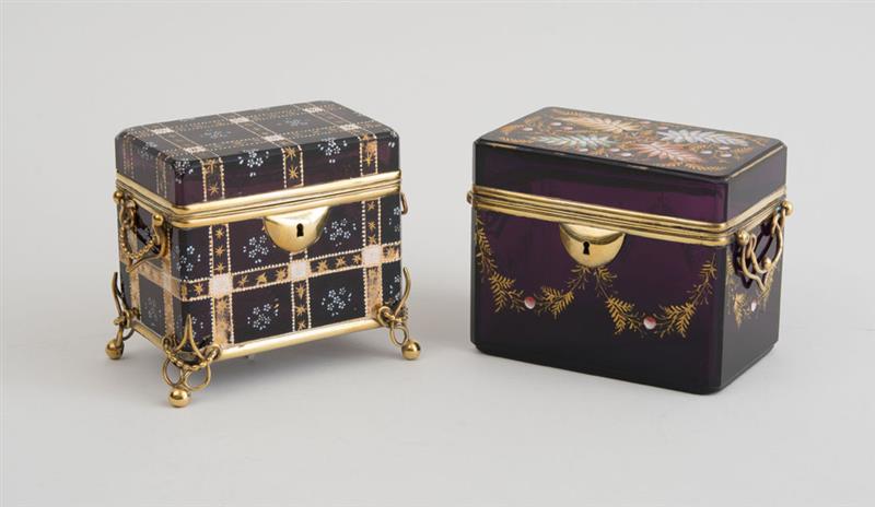 Appraisal: TWO FRENCH GILT-METAL MOUNTED AND ENAMEL-DECORATED AMETHYST GLASS BOXES x