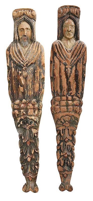 Appraisal: Pair of Carved Wood and Polychrome Appliques probably Continental late