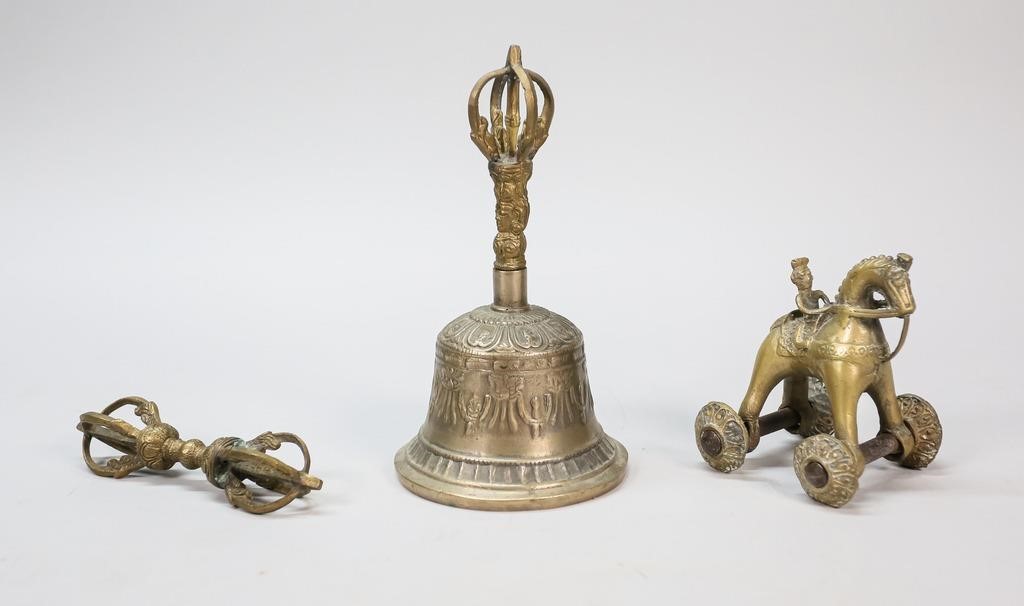 Appraisal: BUDDHIST PRAYER BELL DORJE AND TEMPLE TOYBuddhist brass prayer bell