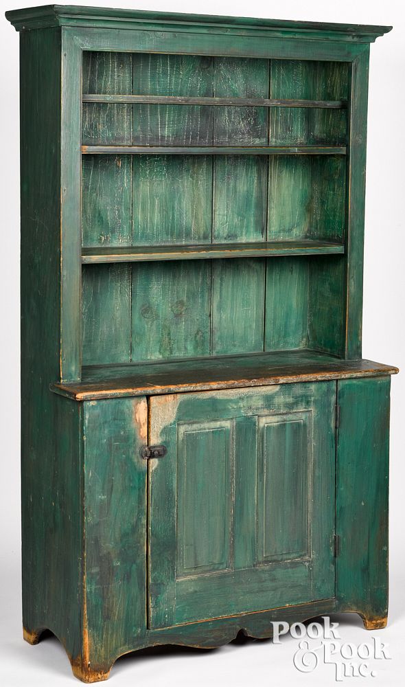 Appraisal: Painted pine stepback cupboard th c Painted pine stepback cupboard