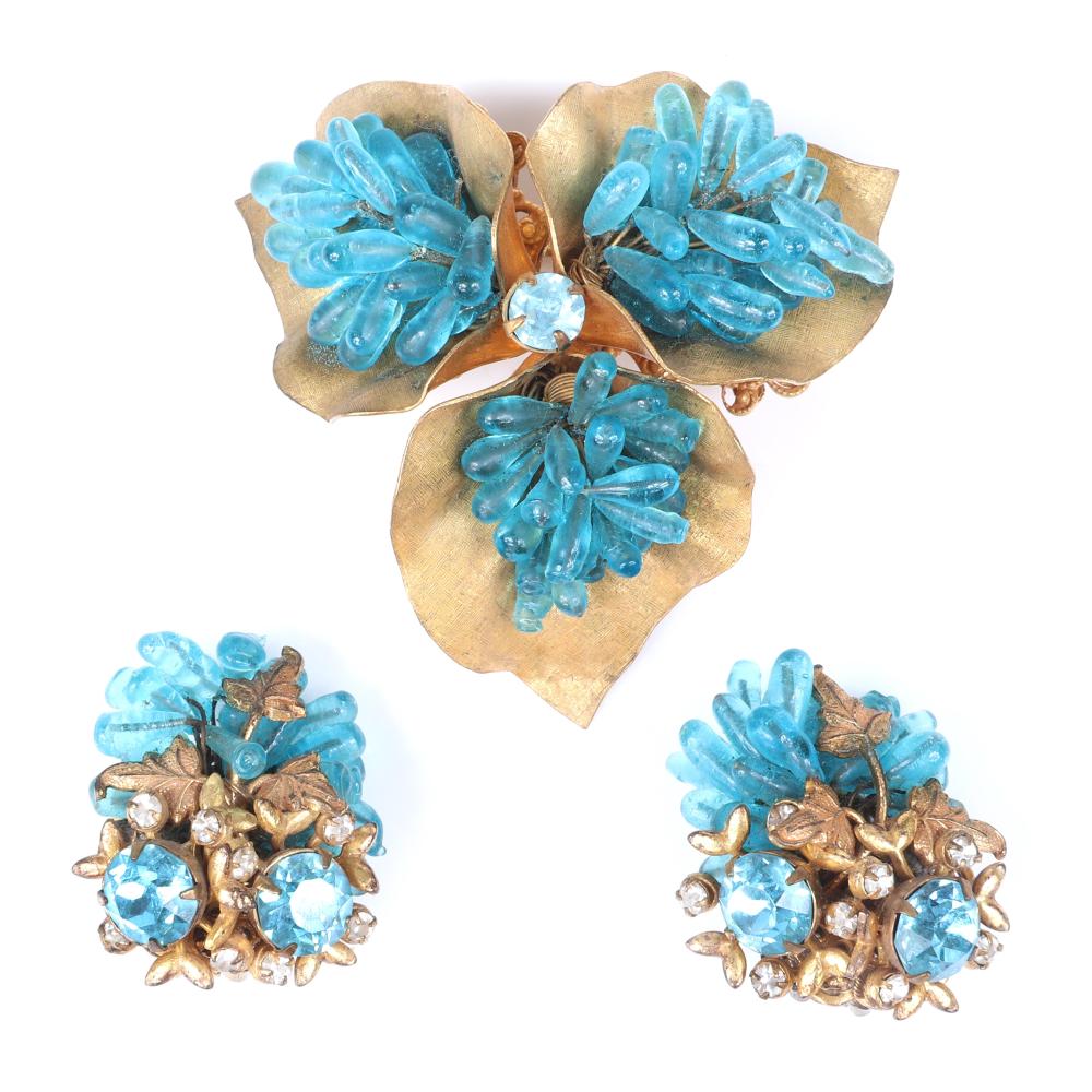 Appraisal: MIRIAM HASKELL BROOCH AND EARRING SET WITH BRASS LEAVES MOLDED