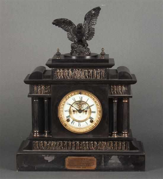 Appraisal: Ansonia classical revival marble mantel clock dated patinated metal eagle