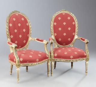 Appraisal: Pair of Louis XVI Style Polychromed Fauteuils t Pair of