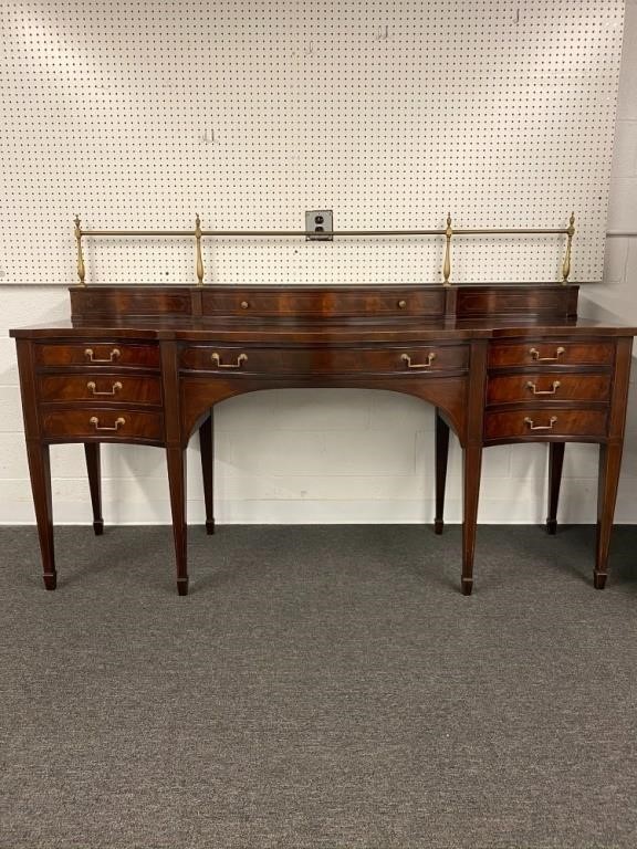 Appraisal: Large Baker Hepplewhite style mahogany inlaid sideboard with brass rail