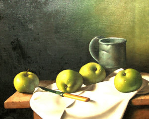 Appraisal: Christopher Cawthorne mid-late th century- Still life of apples knife