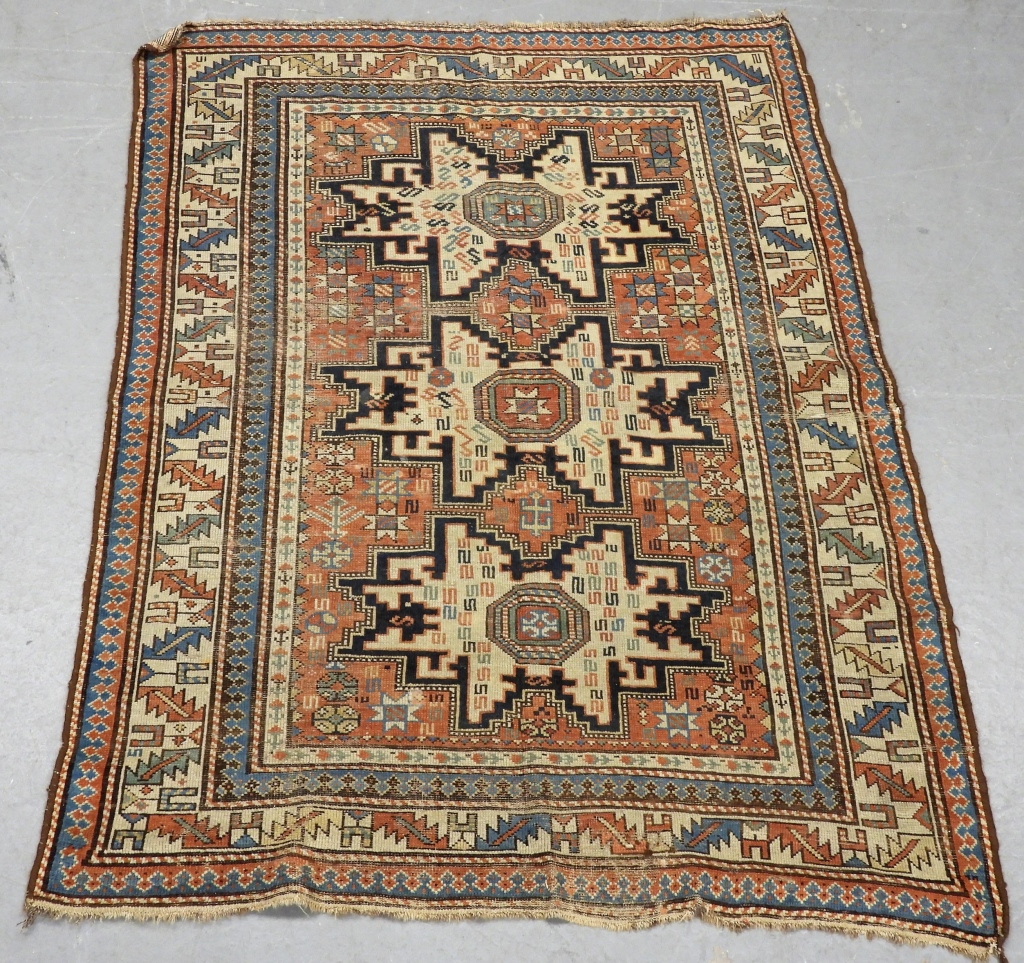 Appraisal: C CAUCASIAN GEOMETRIC RUG Caucuses Circa Tan brown red and