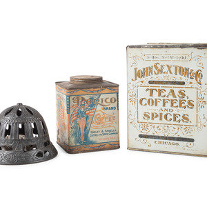 Appraisal: A Cast Iron String Holder and Two Advertising Tins Height