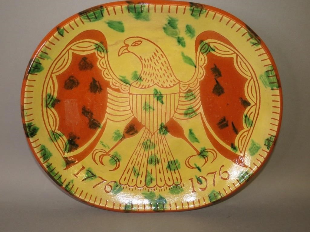 Appraisal: FOLK ART SGRAFFITO OVAL PLATTER WITH EAGLE PATTERNca dated slab