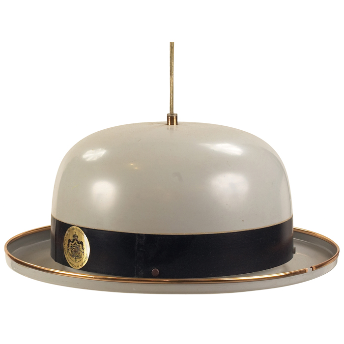 Appraisal: Hans-Agne Jakobsson bowler hat hanging lamp gray lacquered aluminum brass-plated