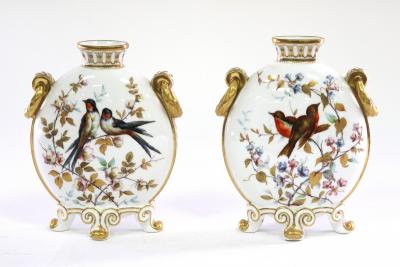 Appraisal: A pair of Derby Crown moon flasks decorated birds cm