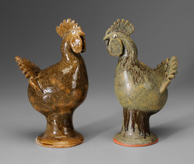 Appraisal: Two Reggie Meaders Roosters Georgia th century stoneware with ceramic