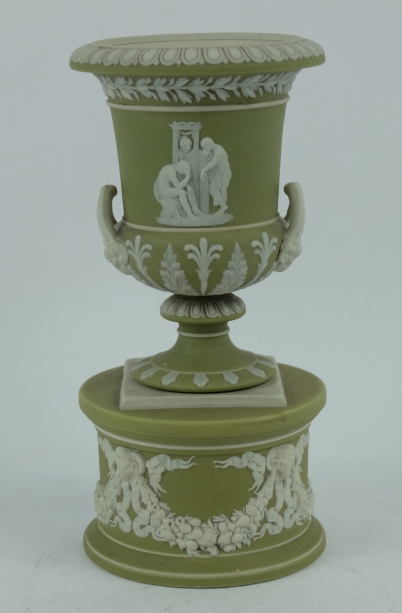 Appraisal: Wedgwood green jasper dip capana urn on stand the stand